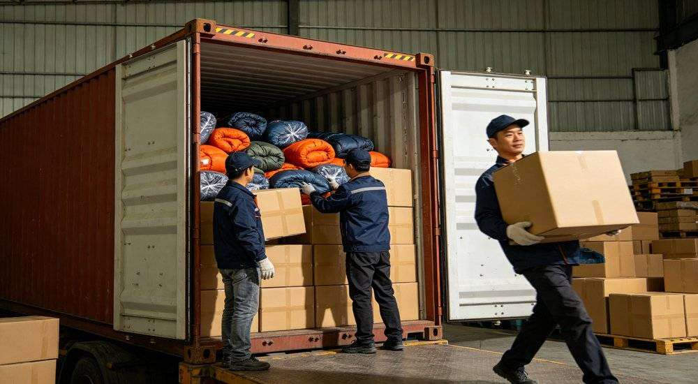Wide angle view of sleeping bag export packing workers loading cartons into shipping container logistics
