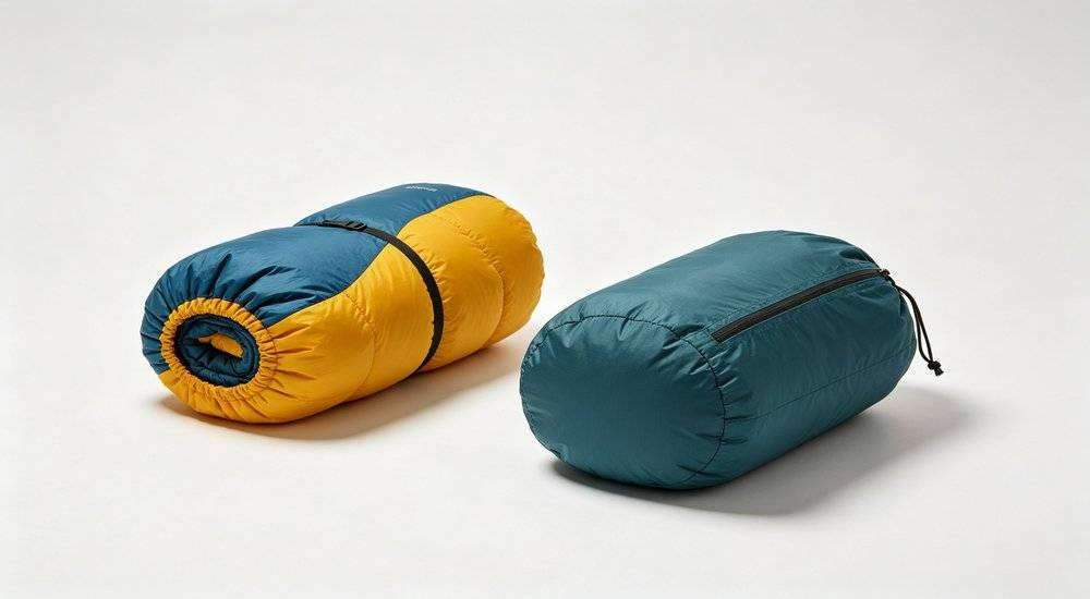 Wide angle view of compressed sleeping bag in stuff sack vs uncompressed size weight comparison studio