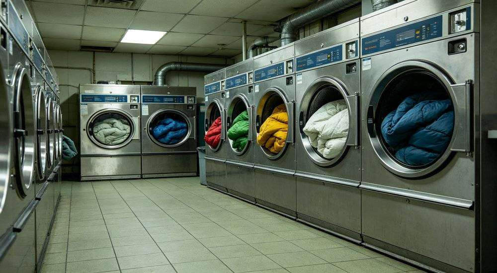 Wide angle view of industrial laundry room sleeping bags in washing machines cleaning care institutional