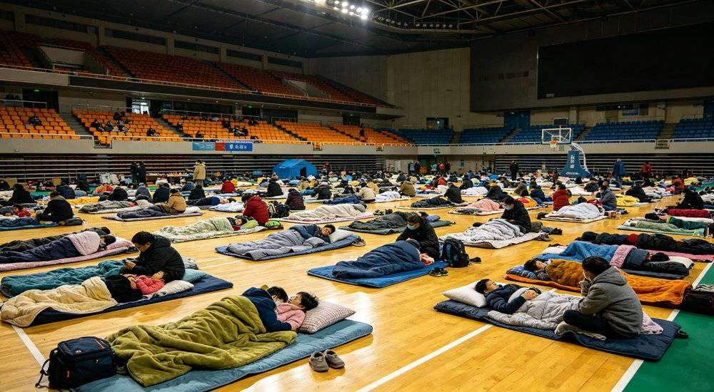 Wide angle view of emergency evacuation sports arena families resting on sleeping bags large indoor shelter