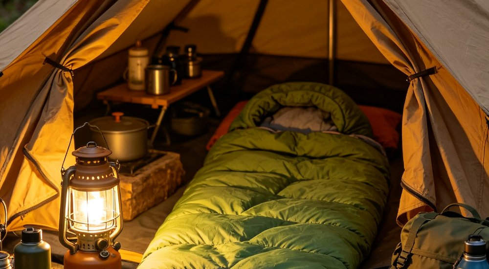 Interior view of cozy camping scene with green sleeping bag inside canvas tent illuminated by warm yellow lantern light with camping gear and backpack arranged around for overnight stay
