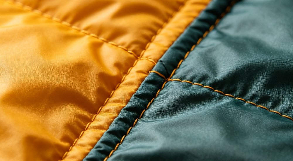Extreme closeup macro detail of sleeping bag fabric texture showing yellow and green polyester material with reinforced double stitching patterns and water resistant coating surface detail
