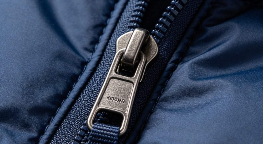 Closeup detail shot of heavy duty two way zipper on navy blue sleeping bag showing metal zipper pull reinforced zipper tape and durable stitching construction for institutional long term use