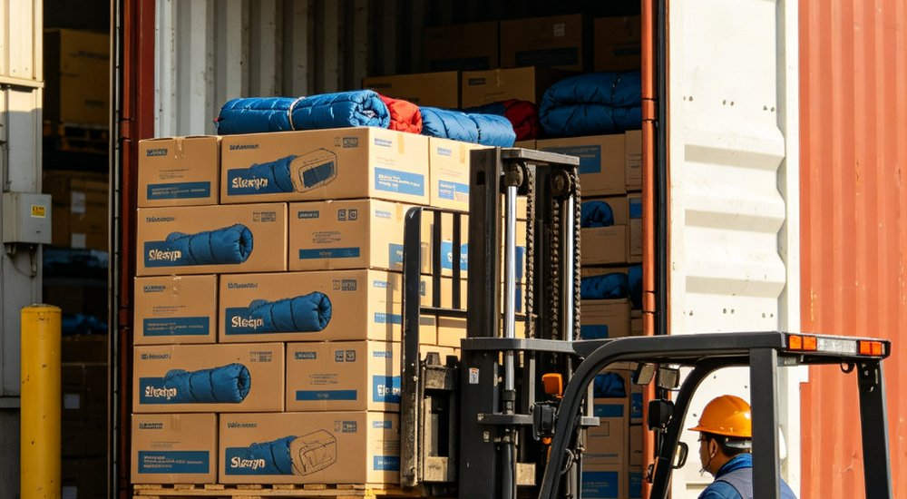 Wide angle view of shipping container loaded with sleeping bag cardboard boxes at warehouse dock with forklift operation for bulk export logistics and international freight delivery process
