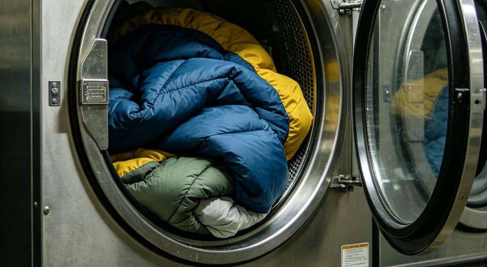 Medium shot of industrial commercial washing machine cleaning multiple sleeping bags in laundry facility showing institutional maintenance process and hygiene management for repeated use
