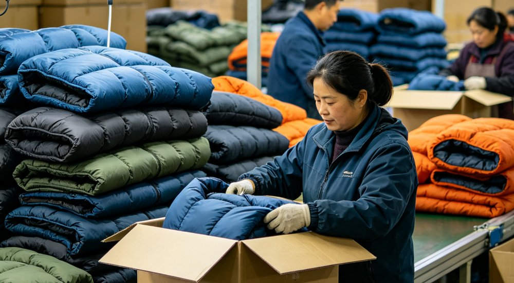 Wide angle factory view of bulk order sleeping bags packed into export cartons with workers on production line preparing institutional procurement order for international shipping