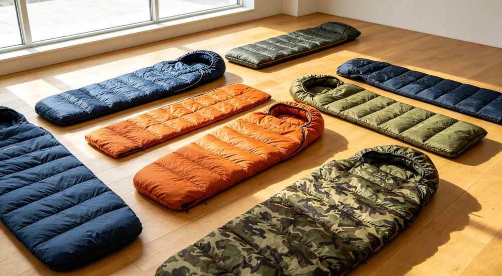 Professional product photography collection of various sleeping bag styles and colors including mummy envelope and connectable types in navy orange olive and camouflage patterns arranged on wooden floor with studio lighting for commercial catalog photography