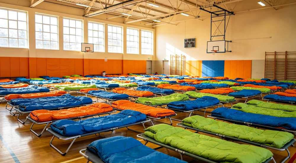 Emergency shelter interior with rows of colorful sleeping bags in blue orange and green colors on cots and floor in large gymnasium with natural light from windows for humanitarian aid accommodation documentation photography