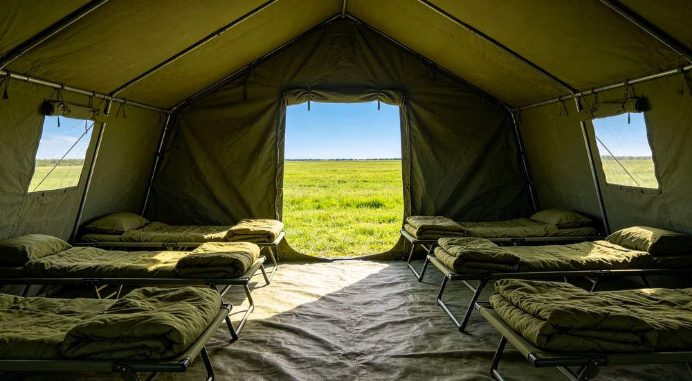 Military style olive green sleeping bags arranged on cots inside large army tent field accommodation setup with natural daylight professional documentary photography style