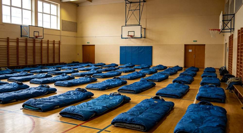 School gymnasium converted to emergency shelter with rows of blue and orange sleeping bags on floor basketball hoops visible natural light from high windows warm hopeful atmosphere