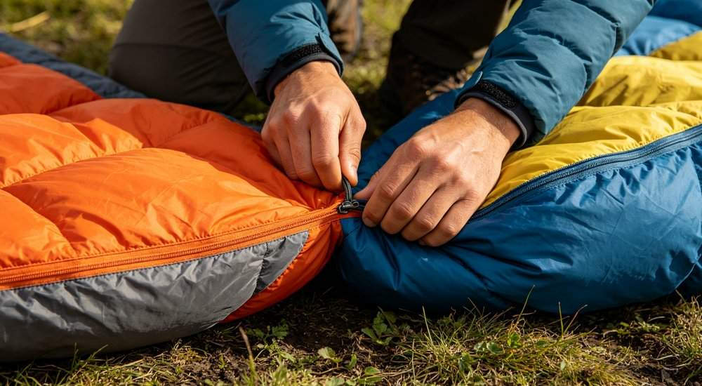 Two sleeping bags being zipped together demonstrating connectable system on green grass outdoors one navy blue one orange hands showing zipper connection lifestyle photography