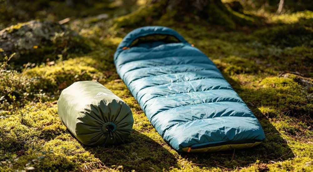Compressed sleeping bag in orange compression sack next to fully uncompressed navy blue sleeping bag on white background size comparison product photography with clean studio lighting