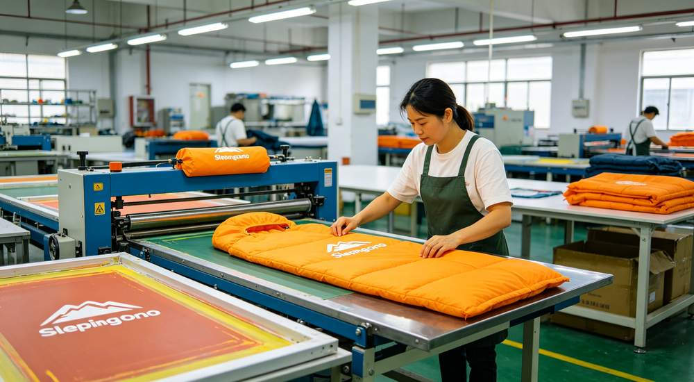 Custom logo printing on sleeping bag storage bag using silk screen at factory for OEM private label customization and brand identity production process documentation