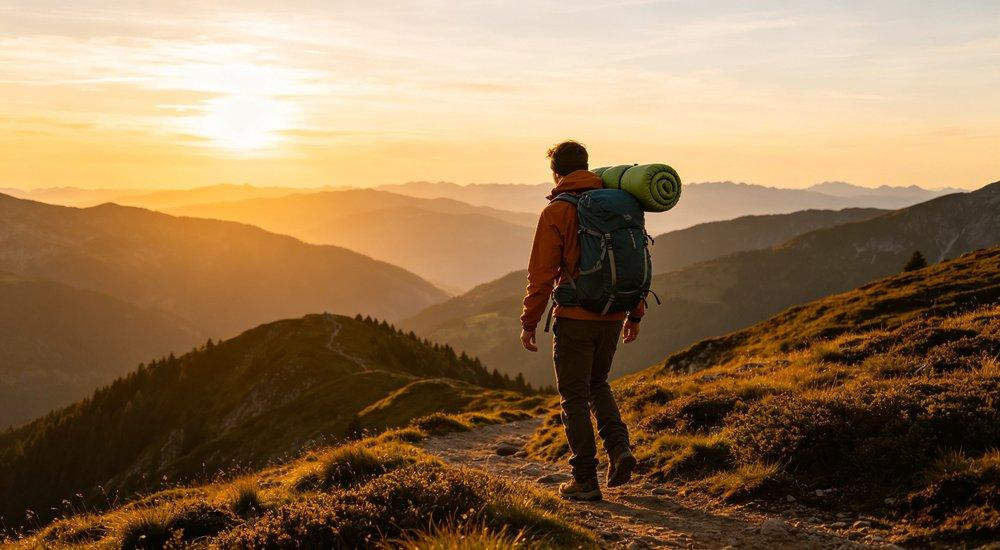 Backpacker carrying compact sleeping bag while hiking on mountain trail in outdoor natural light for adventure product lifestyle showcase and usage context photography