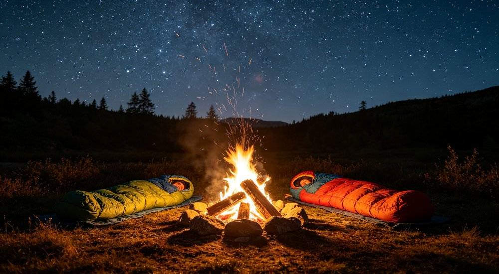 Campfire scene with camping sleeping bags arranged around fire under starry night sky for outdoor accommodation display and recreational product photography session
