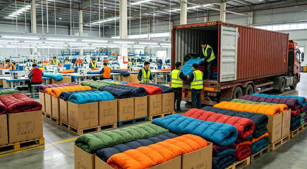 Bright modern sleeping bag factory warehouse with Asian Chinese workers loading export cartons into shipping container colorful sleeping bags packed on pallets bright overhead lighting professional industrial logistics photography