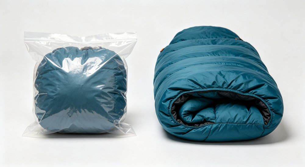 Flat lay on wooden table - different shell fabric swatches in various colors for wholesale sleeping bag OEM sleeping bag customization options, OEM fabric selection, professional product photography