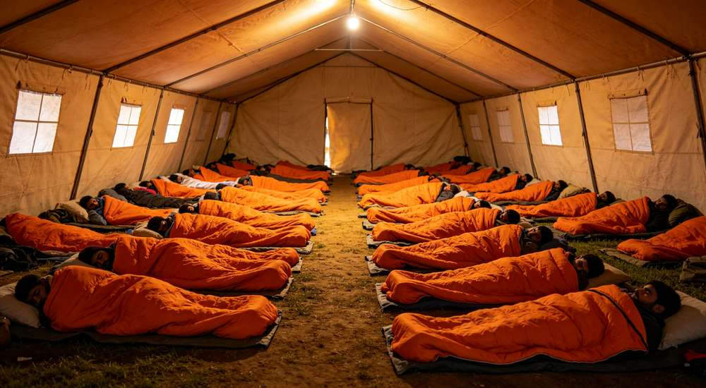 Collage multi-scene composition - refugee family in tent student in dormitory military barracks using institutional sleeping bags, multi-scene bulk sleeping bag application, warm tones composition