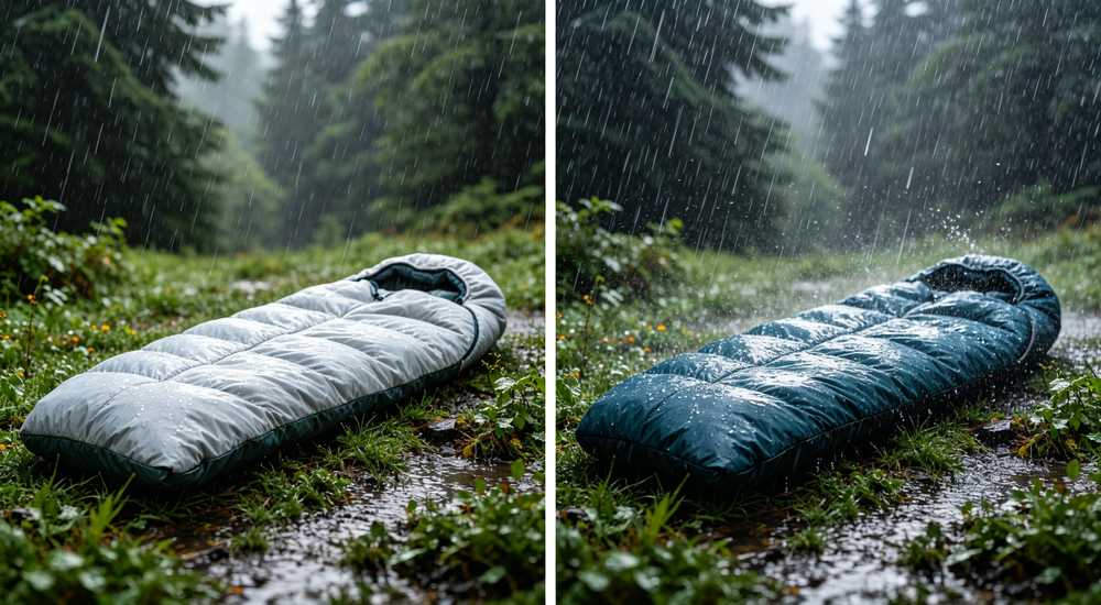 Real photography close up cross section of sleeping bag material layers showing filling density and stitch quality control, sleeping bag manufacturer quality inspection, detail shot