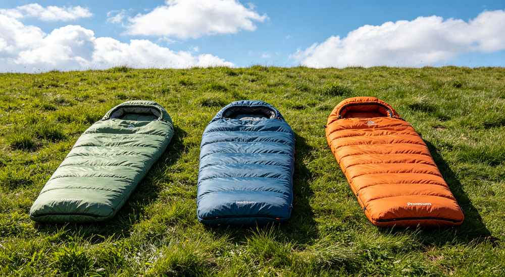 Wide angle outdoor backyard - clean sleeping bags hanging on clothesline drying after institutional laundry, bulk sleeping bag maintenance, sunny day realistic scene photography