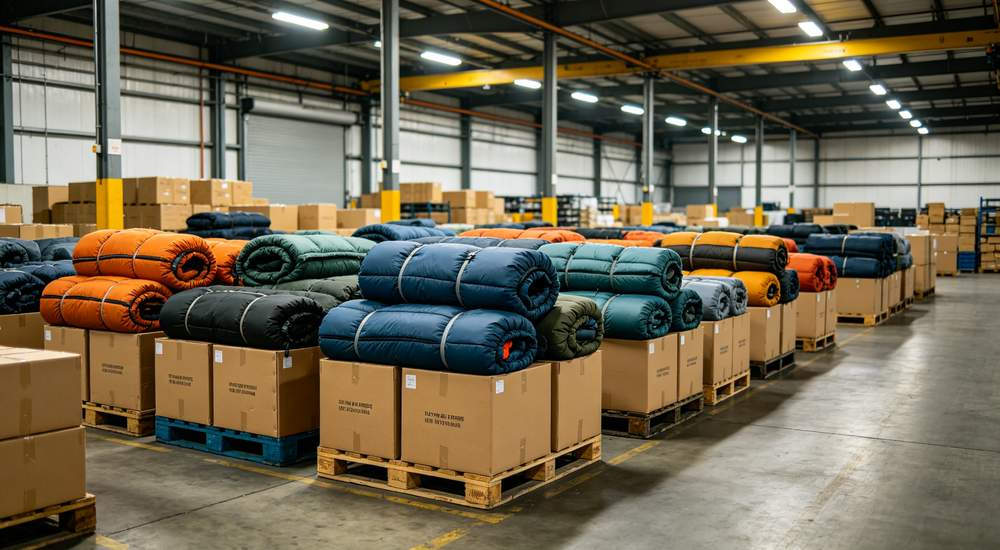Wide angle institutional laundry facility - industrial washing machines processing institutional sleeping bags in bulk, wholesale sleeping bag maintenance facility, bright organized environment