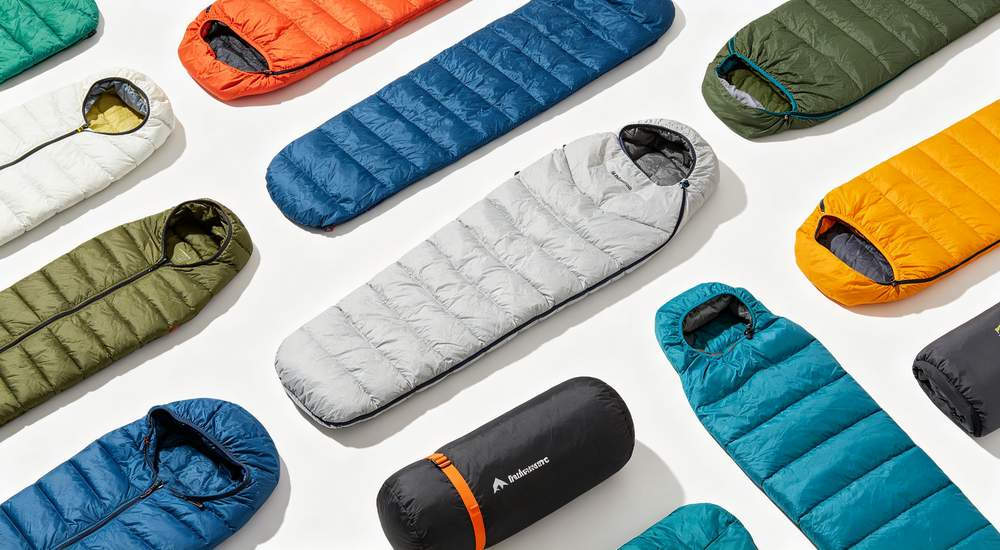 Medium shot warehouse interior - stacked folded sleeping bags in blue orange green colors for bulk storage, wholesale sleeping bag inventory, organized professional warehouse view