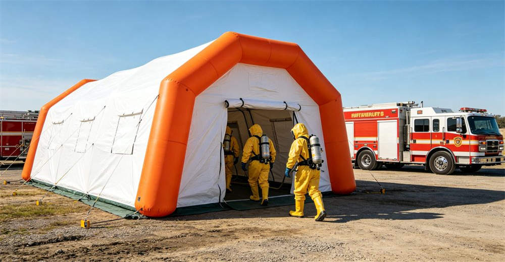 Wide angle exterior view of a professional firefighting decontamination inflatable tent fully deployed at an emergency response site with HAZMAT team members in protective suits entering the tent structure for decontamination operations