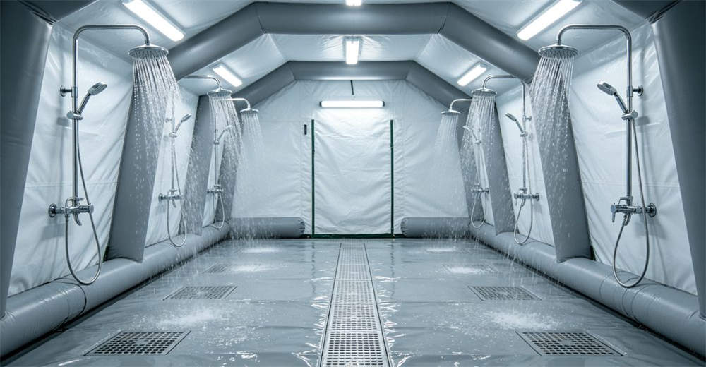 Interior view of an inflatable decontamination shower tent showing multiple water spray heads actively spraying and waterproof PVC flooring with integrated drainage system and bright LED lighting overhead for professional emergency response operations