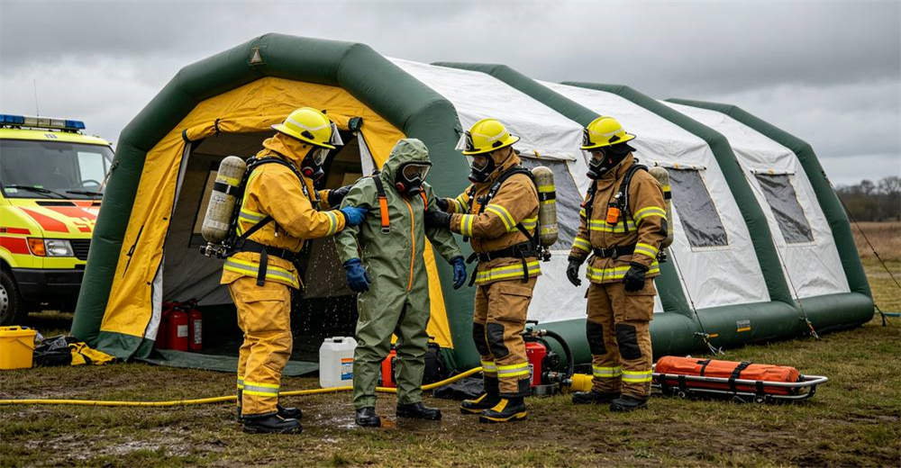 HAZMAT response team in full protective chemical suits conducting decontamination operations outside an inflatable tent while firefighters assist with PPE removal in a professional emergency response scene for professional emergency response operations