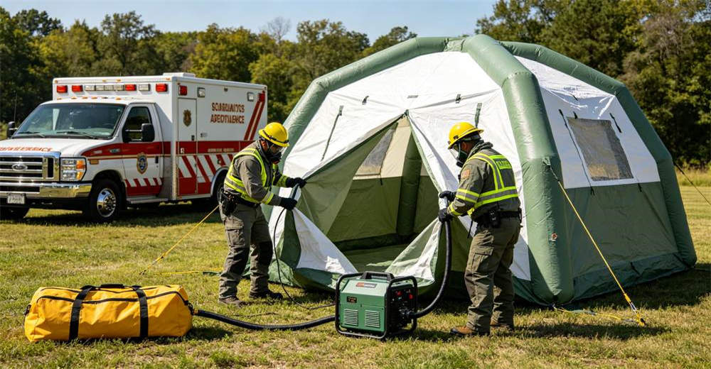 Rapid deployment sequence of a portable inflatable decontamination tent with two workers inflating the structure using electric air pump and compact carry bag visible on the ground beside them for professional emergency response operations