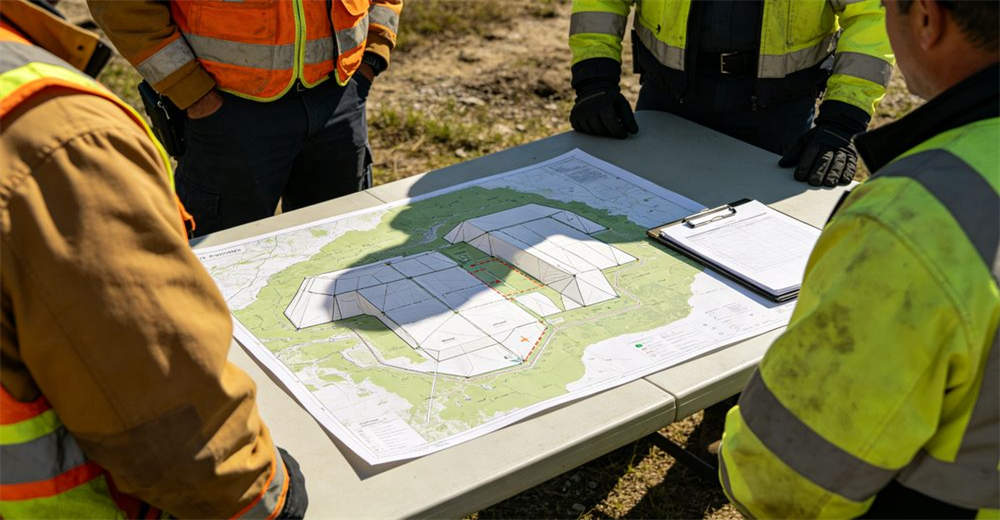 Emergency response planners reviewing site layout for decontamination tent deployment with clipboard and site map on table while assessing flat terrain and access routes for emergency operations planning for professional emergency response operations