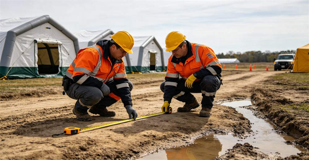 Site assessment for inflatable tent deployment with emergency response personnel measuring flat ground using measuring tape and checking drainage conditions and vehicle access routes in the field location for professional emergency response operations
