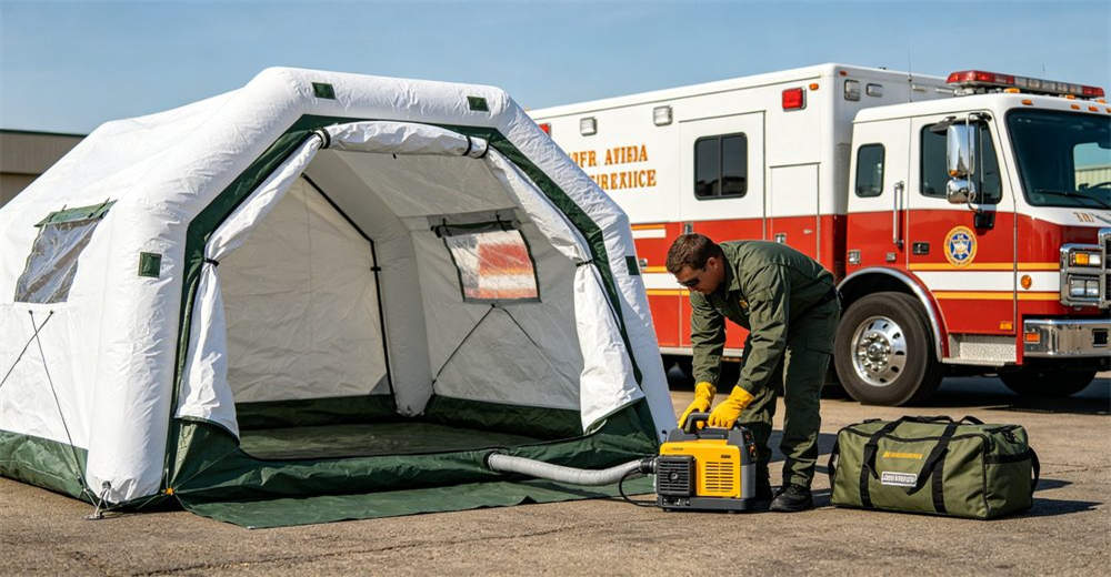 Fast deployment demonstration of an inflatable decontamination tent with single person operating electric air pump while the tent becomes fully inflated in minutes with emergency vehicle visible in background for professional emergency response operations