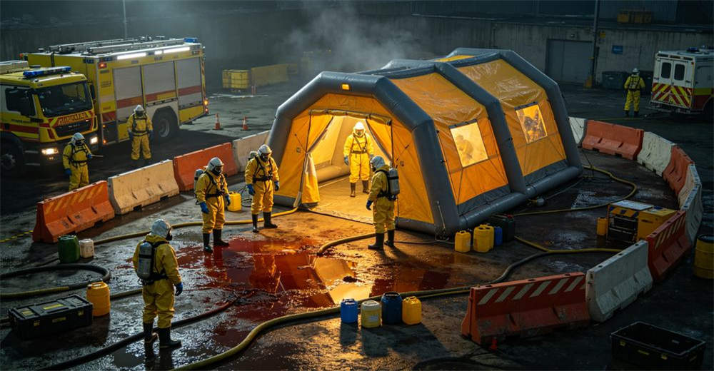 Chemical spill HAZMAT incident scene with inflatable decontamination tent positioned in warm zone and hazardous materials response team working around containment barriers and emergency response equipment for professional emergency response operations