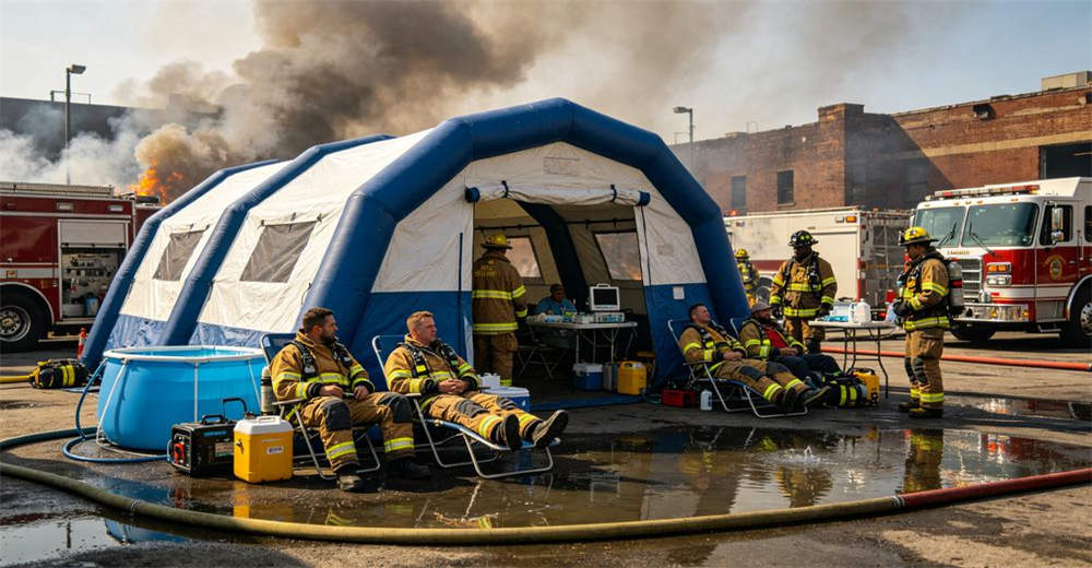 Firefighter rehabilitation area with inflatable tent at structural fire scene providing rest area and medical monitoring for emergency personnel with cooling equipment and water available on site for professional emergency response operations