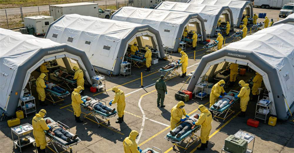 Multiple decontamination lanes for mass casualty incident with ambulatory and non ambulatory sections organized through inflatable tents and medical staff assisting casualties through the decontamination process for professional emergency response operations