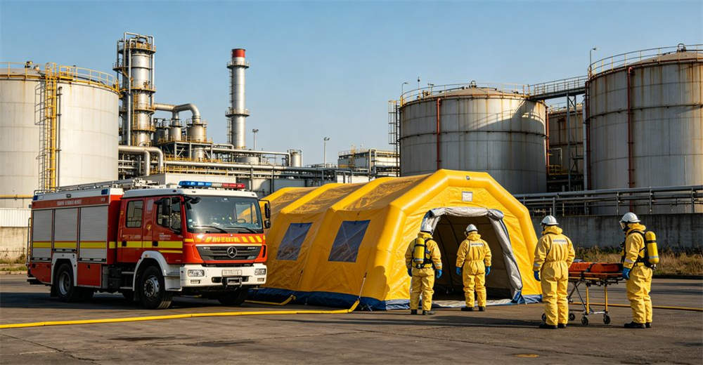 Industrial facility emergency response with inflatable decontamination tent deployed near chemical plant and industrial emergency team in PPE suits with factory storage tanks visible in background area for professional emergency response operations