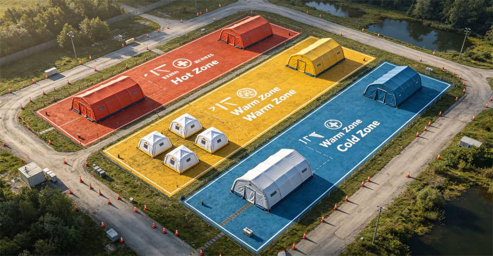 Aerial view of three zone decontamination site layout with hot zone warm zone and cold zone clearly separated by distance and inflatable tents positioned in warm zone with access routes marked