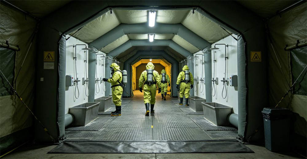 Decontamination corridor showing unidirectional personnel movement through inflatable tent with entry and exit points and gross and technical decontamination shower stations inside the tent structure for professional emergency response operations