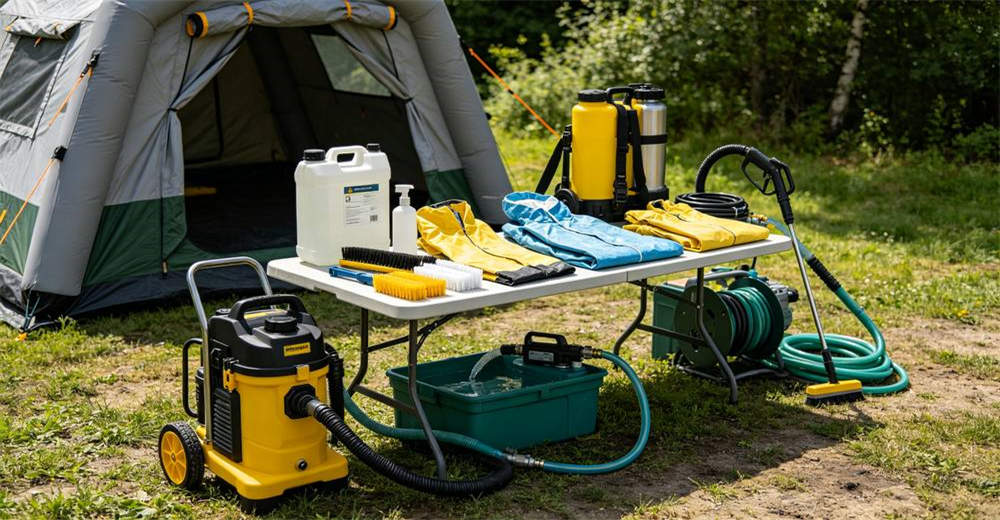 Complete decontamination equipment setup beside inflatable tent with high pressure sprayers brushes water supply system and PPE gear all organized neatly on table in professional field display arrangement for professional emergency response operations