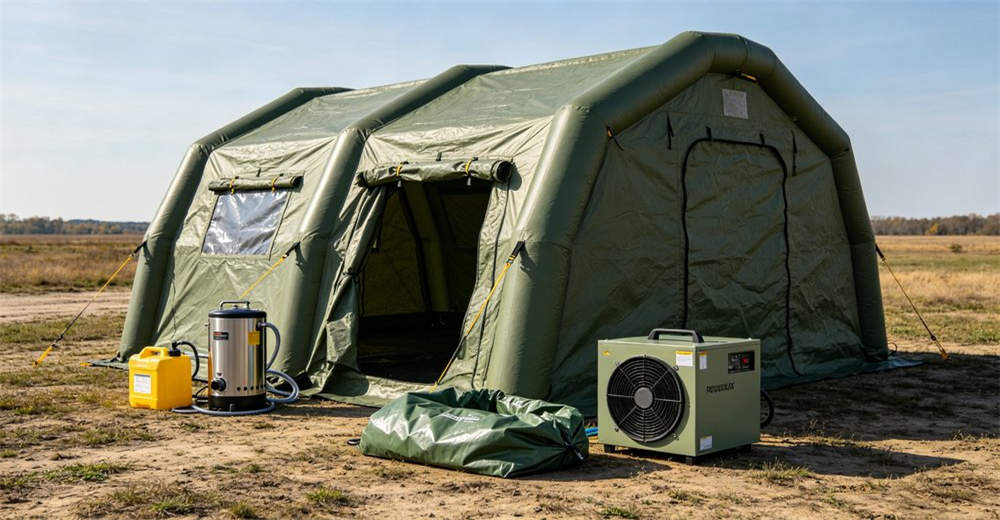 Optional enhanced equipment packages for inflatable decontamination tent including water heating system waste collection bag and ventilation unit all accessories displayed on ground beside the tent structure for professional emergency response operations
