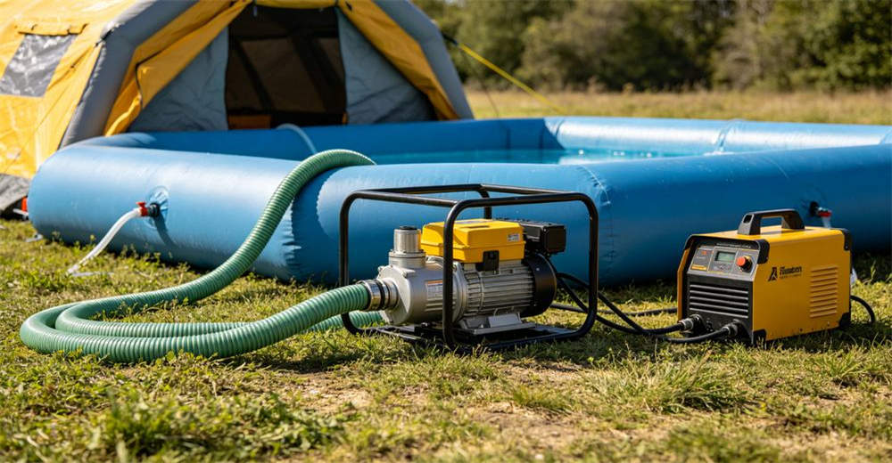 Portable water supply system connected to inflatable decontamination tent with water bladder tank electric pump hoses and heating unit arranged in professional field emergency response setup configuration for professional emergency response operations