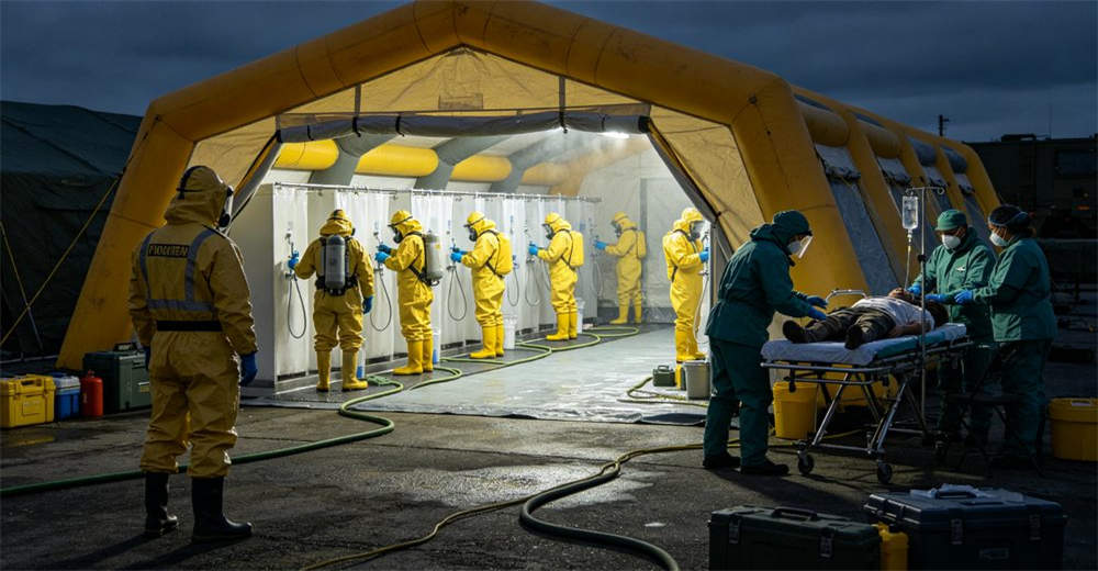 Decontamination team in various positions around inflatable tent with decon officer supervising line workers operating showers and medical staff monitoring casualties during team coordination exercise outdoors for professional emergency response operations Decontamination team in various positions around inflatable tent with decon officer supervising line workers operating showers and medical staff monitoring casualties during team coordination exercise outdoors for professional emergency response operations