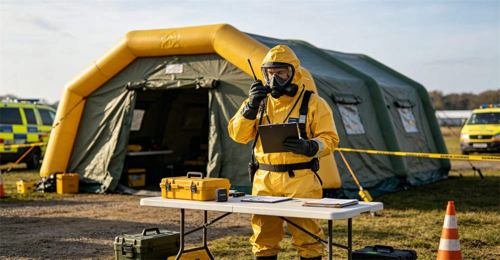 Decontamination officer at command post near inflatable tent using radio communication and monitoring operations with clipboard in professional incident command setup at the emergency response site for professional emergency response operations