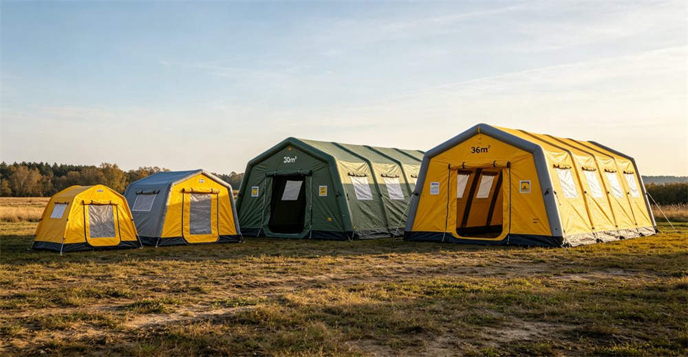 Multiple configurations of inflatable decontamination tents displayed together in field including single person 3 cubic meter public 30 square meter and high pressure 36 square meter models for size comparison
