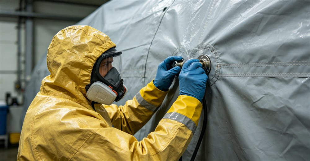 Maintenance and inspection of inflatable decontamination tent with technician checking air valves and high frequency welding seams during cleaning and drying process for professional equipment care and longevity for professional emergency response operations