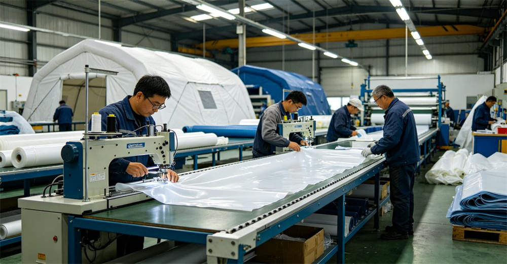Professional inflatable tent manufacturing facility with workers using high frequency welding machines on PVC air beam material and quality control inspection station along the production line workflow for professional emergency response operations