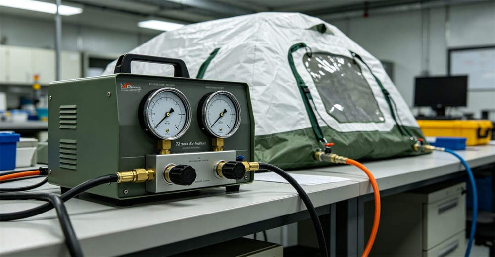 Quality control testing of inflatable decontamination tent with pressure testing equipment and gauges for 72 hour air retention verification in professional testing laboratory environment with precision instruments for professional emergency response operations