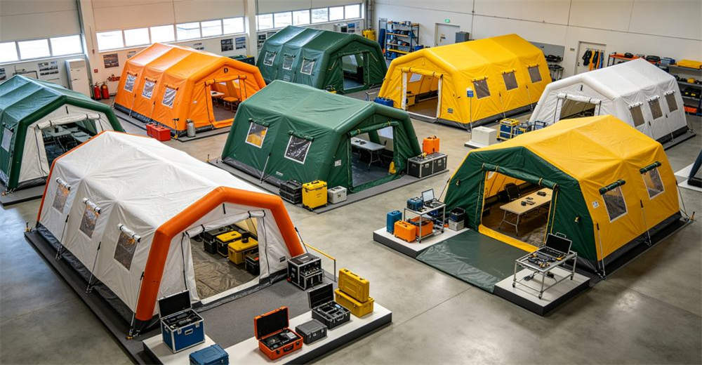 Customization options for inflatable decontamination tent with different colors sizes and modified equipment layouts displayed in professional showroom with various tent configurations available for customer selection for professional emergency response operations