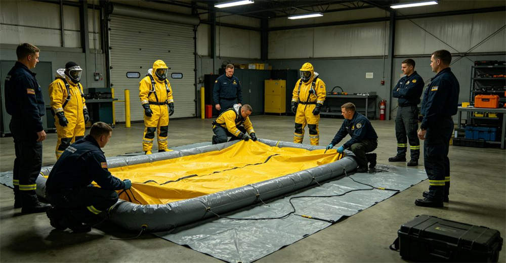 Training session on inflatable decontamination tent deployment and operation with instructor demonstrating setup to trainees who are learning hands on in professional indoor training environment facility for professional emergency response operations